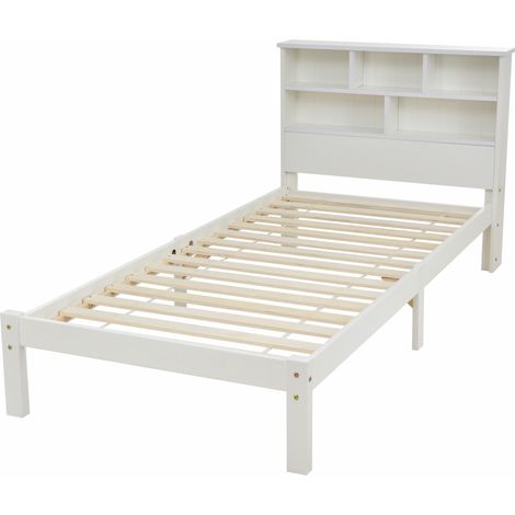 Letto singolo 90x200 cm bianco con cassetti, rete a doghe e testiera libreria, pino e MDF (1/5)