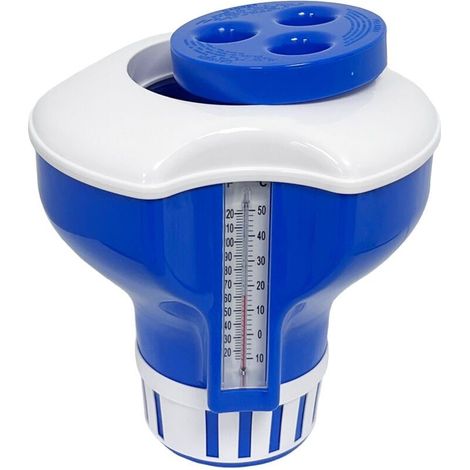 Grand flotteur doseur comprenant thermomètre, doseur de chlore réglable, pastilles de chlore et de brome, accessoires de piscine, piscine à cadre (1/4)