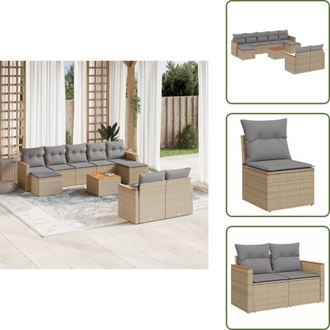 The Living Store Salon de jardin et coussins 10 pcs mélange beige résine tressée - Ensemble Salon De Jardin - Mobilier Extérieur - Jardin - Chaise Lounge - Set Salon