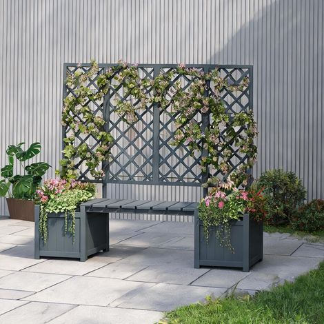 Jardinière en bois massif avec treillis et banc gris (1/5)