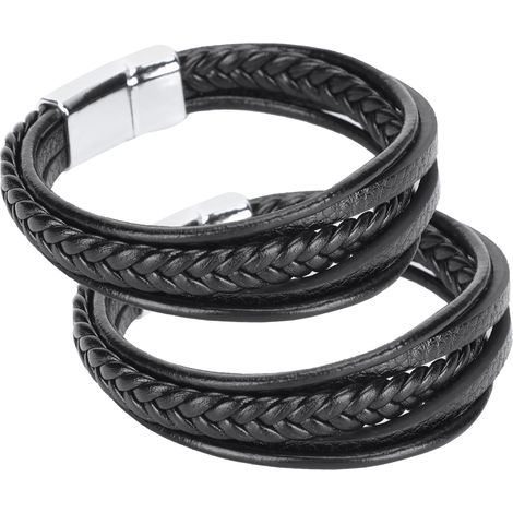 2Pcs Bracelet with Magnetic Clasp Vintage Hand Knitting Multi Layer Wristband Gifts(Black PU Leather with Alloy Clasp ) (1/5)