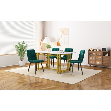 Table de repas 120x70cm dorée + 4 chaises velours vert foncé, ensemble salle à manger moderne avec piètement en métal doré