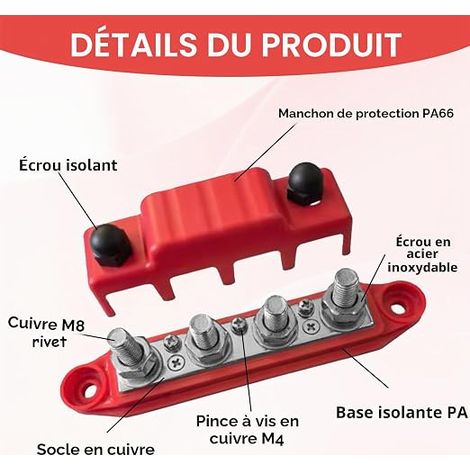Busbar 12V 250A Couvercle, Bloc de Distribution d'Alimentation 12-48V, Bornier 4 x M8 et 3 x M4, Kit Bornier Voiture et Barres de Distribution Bateau Camping-Car Solaire (1/3)