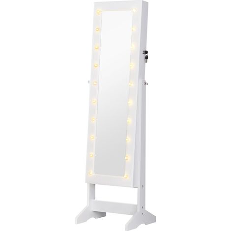 Miroir à bijoux avec 20 lumières LED, armoire à bijoux inclinable avec rangement pour bagues, boucles d'oreilles et colliers, 40 x 37 x 146 cm, blanc