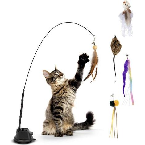Ensemble de jouets pour chat Lollanda 7 pièces comprenant une canne à pêche, une ventouse et des plumes - Jouet écologique pour chats d'intérieur 7 CJY (1/5)