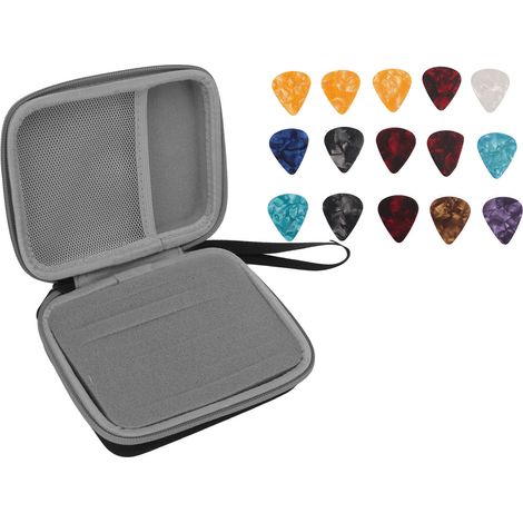 Trousse de rangement imperméable pour médiators de guitare, grande capacité avec 15 pics inclus, protection EVA et tissu, noir et gris. (1/5)