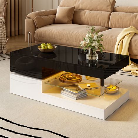 DESMIU Table basse avec LED, tablette en verre et finition brillante, pour salon, noir et blanc, 90 × 45 × 35.5 cm (1/5)