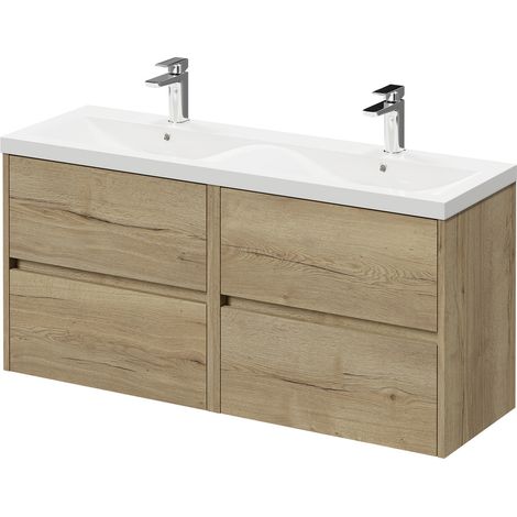 Montego Autumn Oak 1200mm Wall Mounted Vanity Unit with Ceramic Double Basin and 4 Drawers (1/5)