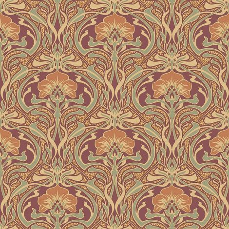 Retro Damask Floral Wallpaper Vintage Flora Nouveau Metallic Gold Green Red (1/3)