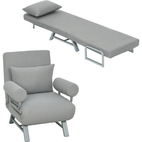 HOMCOM sofá cama de 1 plaza, 3 en 1, sillón cama plegable con respaldo ajustable en 5 posiciones, almohada acolchada, 73x78x81 cm, gris claro