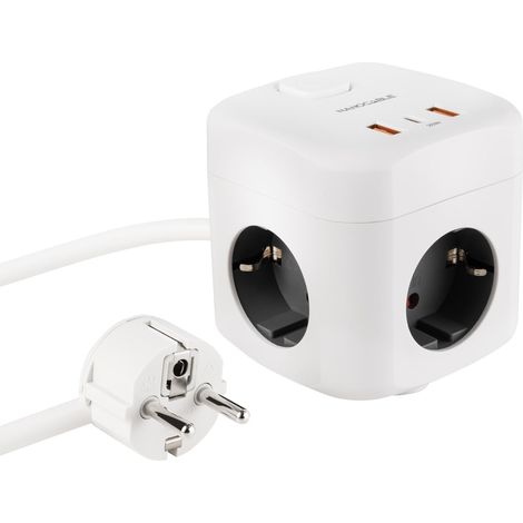 Base de 3 Prises avec 3 Ports USB (2 USB-A + 1 USB-C), GaN + PPS, PD 20W, avec Interrupteur, Blanc (1/5)