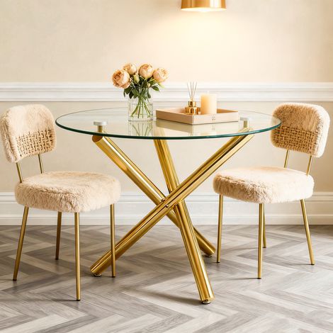 Tavolo da pranzo rotondo in vetro temperato con gambe in metallo, tavolo da cucina dal design moderno per 2-4 persone, 80x80x76 cm - Oro