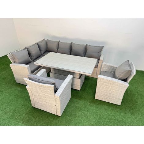Fimous 8 Seat Rattan Outdoor Garden Furniture Corner Sofa Set Adjustable Lifting Dining or Coffee Table Set with 2 Armchairs Light Grey (1/5)