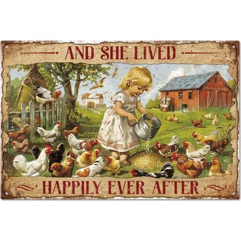 Plaque en Métal de Ferme Feed The Chicken Lady Panneau en Étain en Métal Vintage 12 × 8 pouces "And She Lived Happily Ever After" Drôle de Décoration Murale en Étain pour Ferme Jardin (1/5)