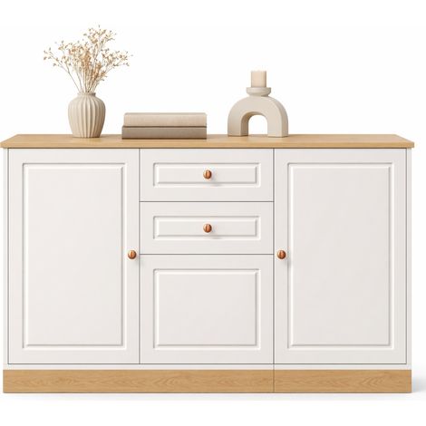 Buffet de rangement blanc et bois avec 3 portes, 2 tiroirs, étagères réglables et grand plateau décoratif pour salon ou salle à manger, style moderne – CHICFURN (1/5)