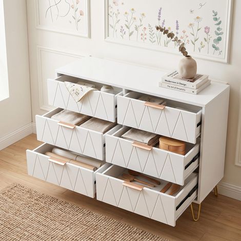 Commode scandinave 6 tiroirs blanche 100 cm – Pieds dorés, poignées dorées – Rangement élégant pour chambre et salon (1/5)