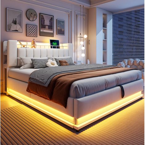 Cama tapizada con almacenamiento hidráulico LED beige OKMYHOME (1/5)