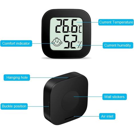 Mini-LCD-Thermometer, kabelloses Hygrometer für den Innenbereich, Temperatur- und Feuchtigkeitsmessung für Babyzimmer, Wohnzimmer, Büro, Gewächshaus (Schwarz). (1/5)