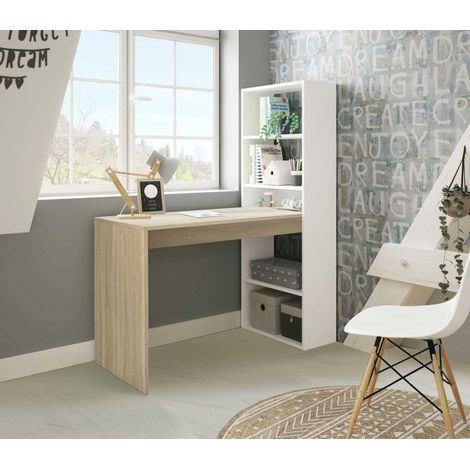 Miroytengo – Bureau droit avec étagère intégrée – Dimensions 144 x 120 x 53 cm – Finition mélaminé blanc Artik et chêne canadien – Capacité de stockage 25 kg
