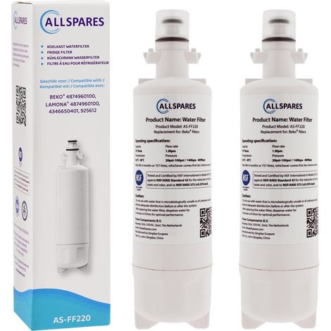 Filtro de agua AllSpares (2x) para frigorífico compatible con LG Beko 874960100 (1/4)