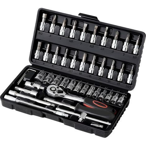 Coffret de 46 clés à cliquet et douilles en acier CrV - dents de 6.35 mm (1/4") avec mallette de rangement - outils de réparation automobile chromés et polis miroir (1/5)