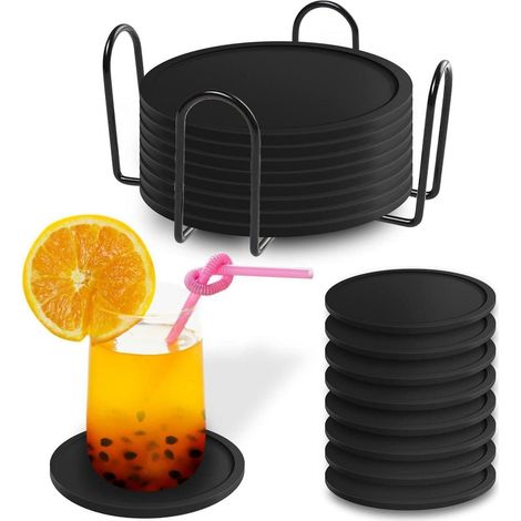 Untersetzer Gläser Set 8 Silikon Schwarz Getränke Bar Tassen Glas (1/5)