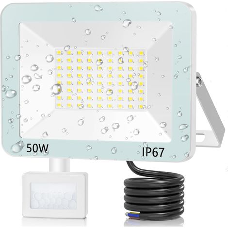 Projecteur LED Exterieur Detecteur de Mouvement 50W 5000lm, Spot LED Extérieur Avec Detecteur Blanc Froid, IP67 Étanche  Pour Patio Terrasse Garage Jardin