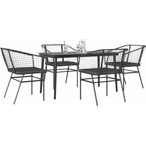 5-tlg. Garten-Essgruppe mit Kissen Schwarz Poly Rattan Glas