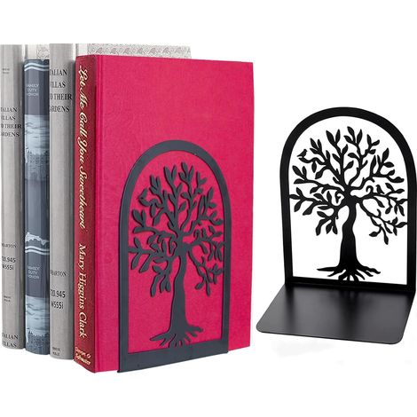 Serre Livres Métal Cale Livre-Noir Séparateurs de Livres Anti Rayures pour Bureau, Maison, Écoles CD, Librairie et Bibliothèque 1 Paire (Noir Arbre de Vie) (1/5)
