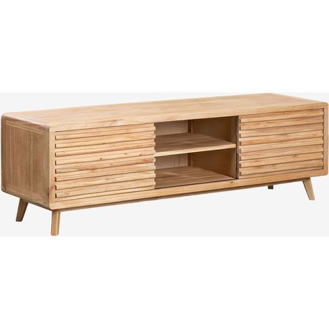 Sklum – Meuble TV en bois de mindi 160 cm – 2 portes mobiles sur rail aluminium – Trous pour câbles – Coussinets de protection pour sols - xFE0E