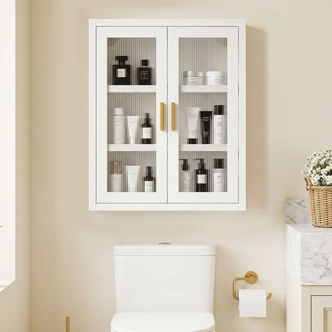 Armoire murale salle de bains, meuble haut 2 portes cannelées avec étagère ajustable, 40x14x50cm, blanc (1/5)