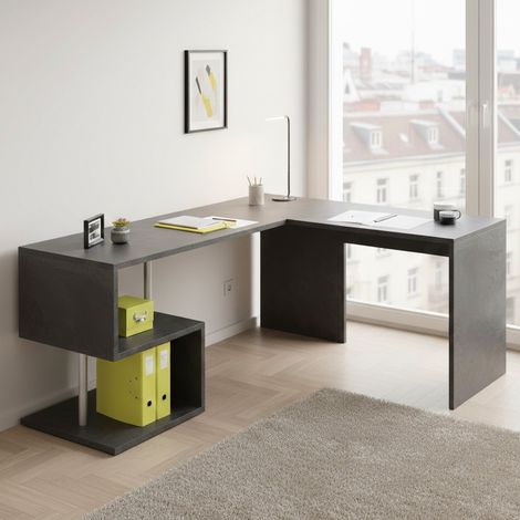 Dmora Escritorio de oficina de esquina con estante, Made in Italy, Mesa de ordenador, Escritorio para soporte de PC, 160x60h78 cm, Color gris ceniza, con embalaje reforzado (1/5)