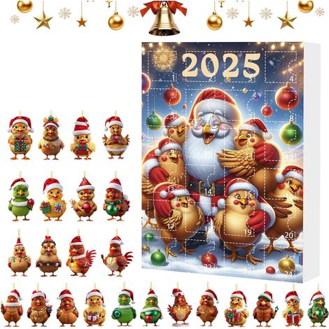 Calendrier de l'Avent 2025 sur le thème des poules - 24 jours de décorations suspendues en acrylique 2D représentant des poules avec un bonnet de Père Noël Décoration amusante pour le compte à rebour (1/5)
