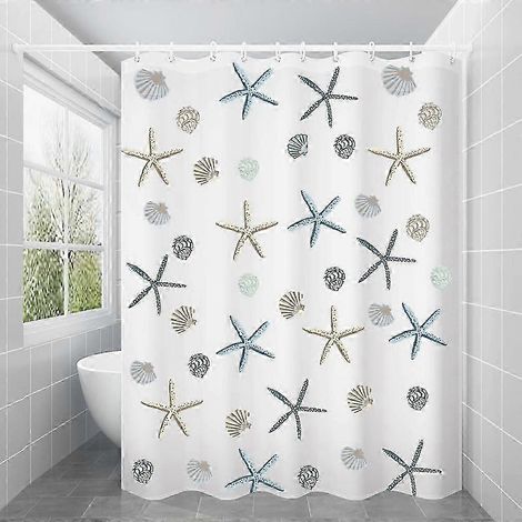 Rideau de douche 180x180cm, en matériau PEVA imperméable et résistant à la moisissure, avec 12 anneaux de rideau de douche à motif d'étoiles de mer. (1/5)