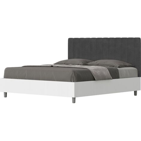 Letto contenitore da 160x200 in legno bianco e testata in microfibra grigio Kaia (1/5)