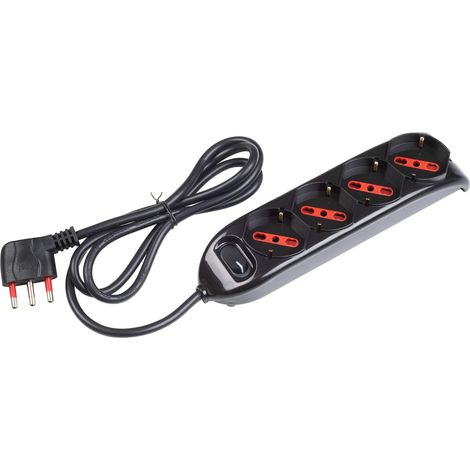 Multipresa con spina 16A piegata a 90°, 4 prese bipasso/schuko 10A/16A, cavo 1,5 metri, con interruttore, nero, serie Emilia - Rosi RS94073 (1/4)