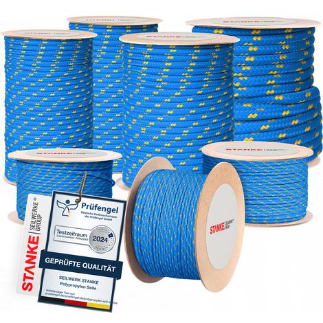 Seilwerk STANKE Corde polypropylène bleue avec fils marqueurs jaunes 14mm 5 m - Corde à linge extérieur, pour attacher la tente - Cordeau pour le jardin extérieur, la pêche, la survie