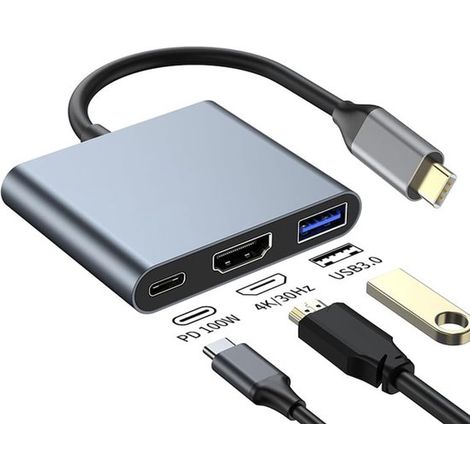 Ynkkvre - Adaptateur USB-C vers HDMI 3 en 1 - Station d'accueil USB - HDMI 4K - Adaptateur multiport - Hub HDMI vers USB-C - Adaptateur Type C vers USB - USB 3.0 - Chargement USB-C - Alimentation via (1/5)