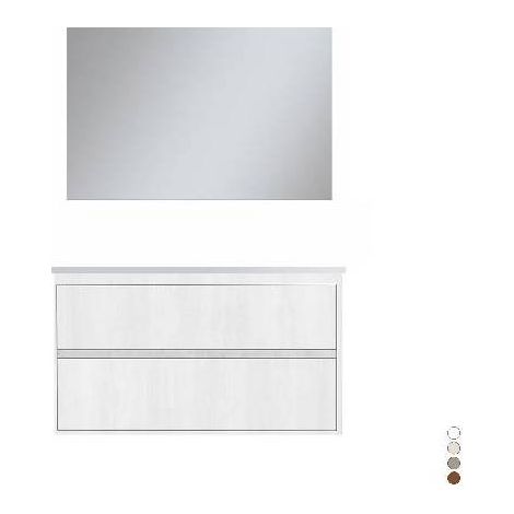 Mobile in materiale nobilitato melaminico. Base sospesa con 2 cassetti con apertura a gola L 100 x  P 46 x H 50 cm. Lavabo in ceramica cm. 100x46. Specchio a filo lucido L. 90xH.70. Faretto led.(DianF