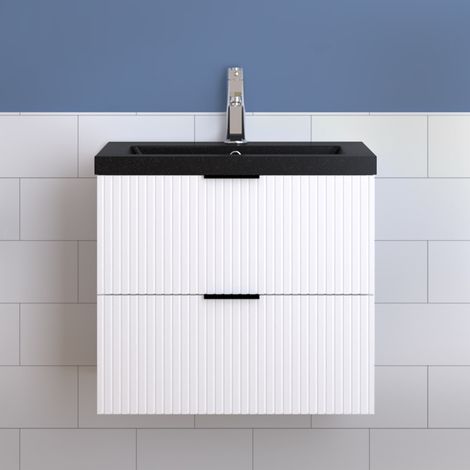 Badmöbel Schubladen Unterschrank Waschtisch mit Kunststein Schwarz Tiefwaschbecken Weiß 60cm