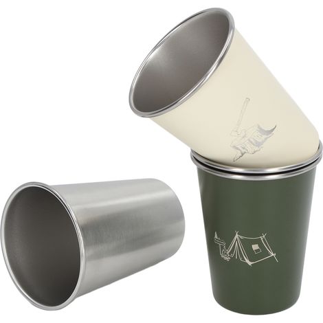 Lot de 4 gobelets en acier inoxydable de 350 ml, utilisables pour l'eau, le café, la bière ou les barbecues. Coloris : beige, vert, noir et argent. (1/5)