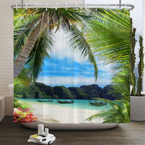 Rideau de douche 3D motif plage, rideau de salle de bain mer Méditerranée, tissu imperméable, dimensions : 180 cm x 200 cm.