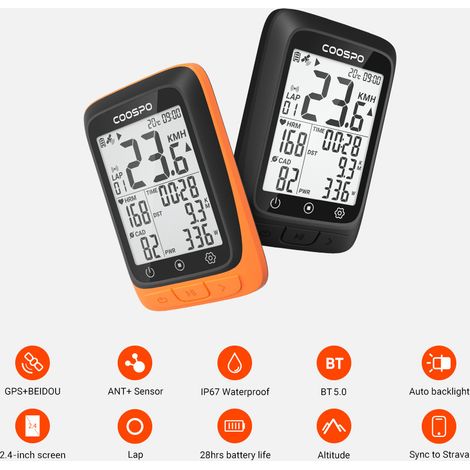 Compteur de vélo sans fil Coospo avec GPS, compteur de vitesse et podomètre, compatible ANT+, Bluetooth 5.0 et Strava, IP67 (1/5)