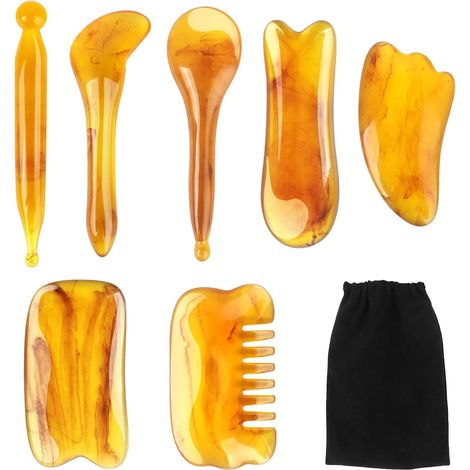 Set di 7 strumenti per massaggio Gua Sha - Raschietti in resina naturale per viso e corpo - Sbloccano i meridiani, eliminano la fatica (1/4)