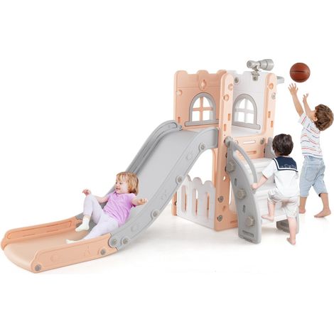 Scivolo per interni con canestro da basket e telescopio con spazio, 6 in 1 scivolo toddler a forma di L di archiviazione Grigio e rosa (1/5)