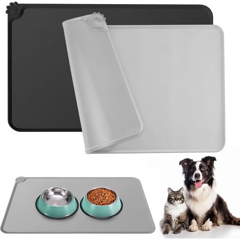 2 Tapis Gamelle Chat et Chien, Tapis de Nourriture pour Animaux 48x30cm, Tapis de Gamelle en Silicone Imperméable, Tapis d’Alimentation Chat, Noir et Gris