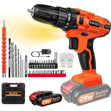 Jeu de tournevis électriques sans fil 21V, orange, équipé d ' 1 batterie lithium-ion rechargeable et d'un jeu d'outils de 29 pièces.