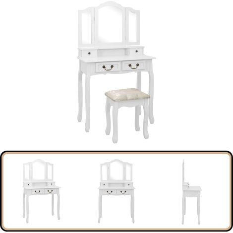 Ensemble de coiffeuse avec tabouret Blanc 80x69x141cm Paulownia - Meuble À Maquiller - Coiffeuse Blanche - Bureau De Toilette - Meuble Rangement - Vanity Set
