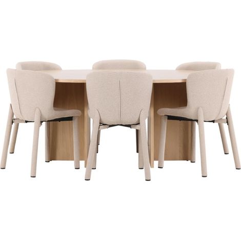 Strada ensemble pour salle à manger table extensible Ø120cm, 170cm et 6 chaises whitewash, beige. (1/5)