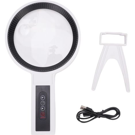 [NIE BENUTZT]Beleuchtete Lupe, wiederaufladbare Handlupe mit 34 LEDs und Ständer zum Lesen und Prüfen, warmes und kaltes Licht, einstellbare Helligkeit